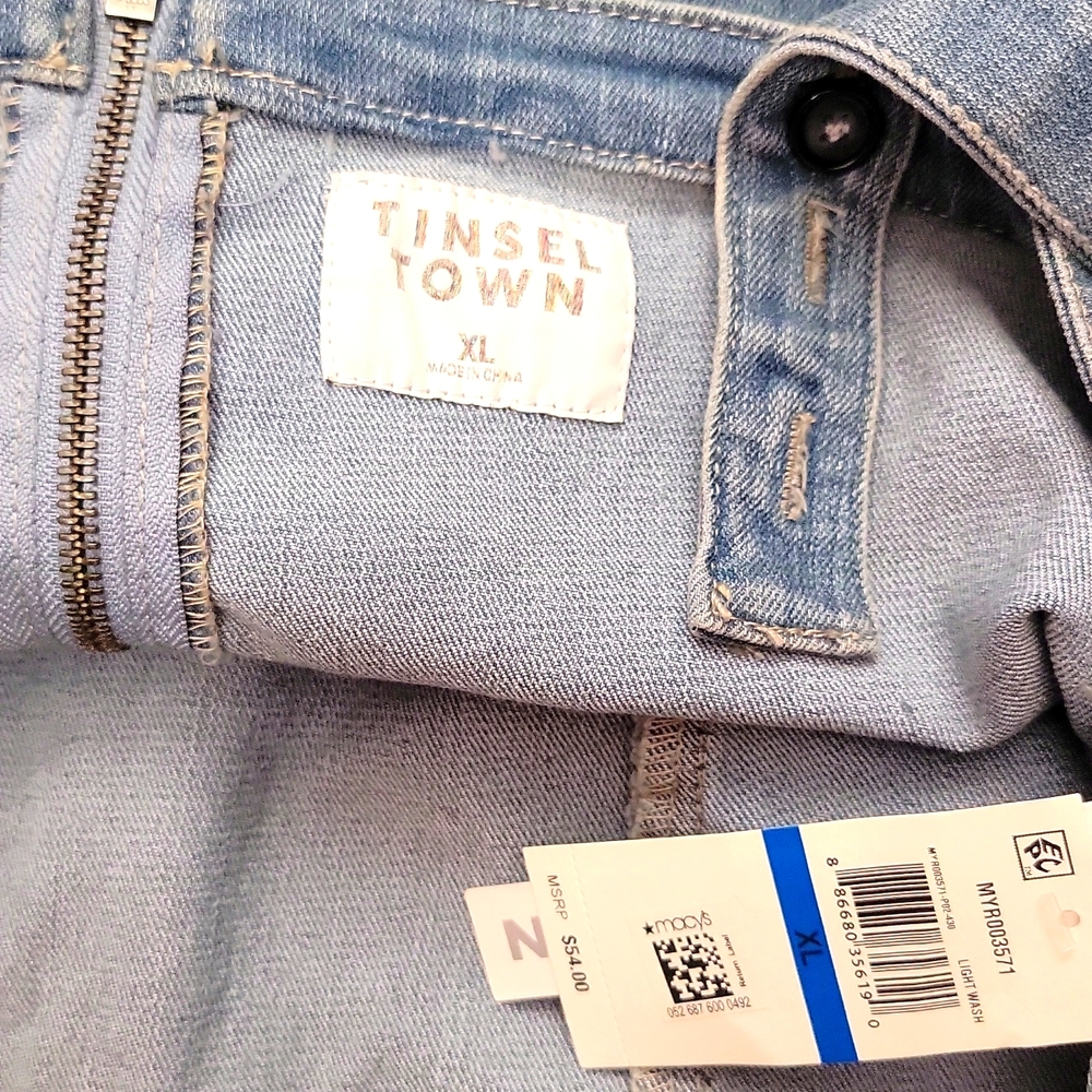 New Junior's Belted Denim Jumpsuit With Ruffler. Light Wash Color 20" pit to pit - Picture 9 of 10